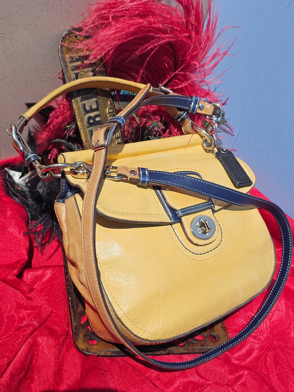 Coach Legacy 2012 Butter Yellow Tan Colorblock Turnlock Bag Blue Tan
